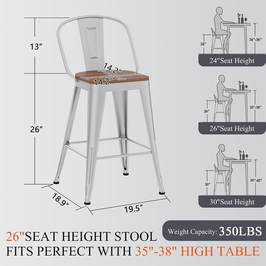 Industrial Metal Bar Stools Set of 4, 26 Inch Counter Height Barstools