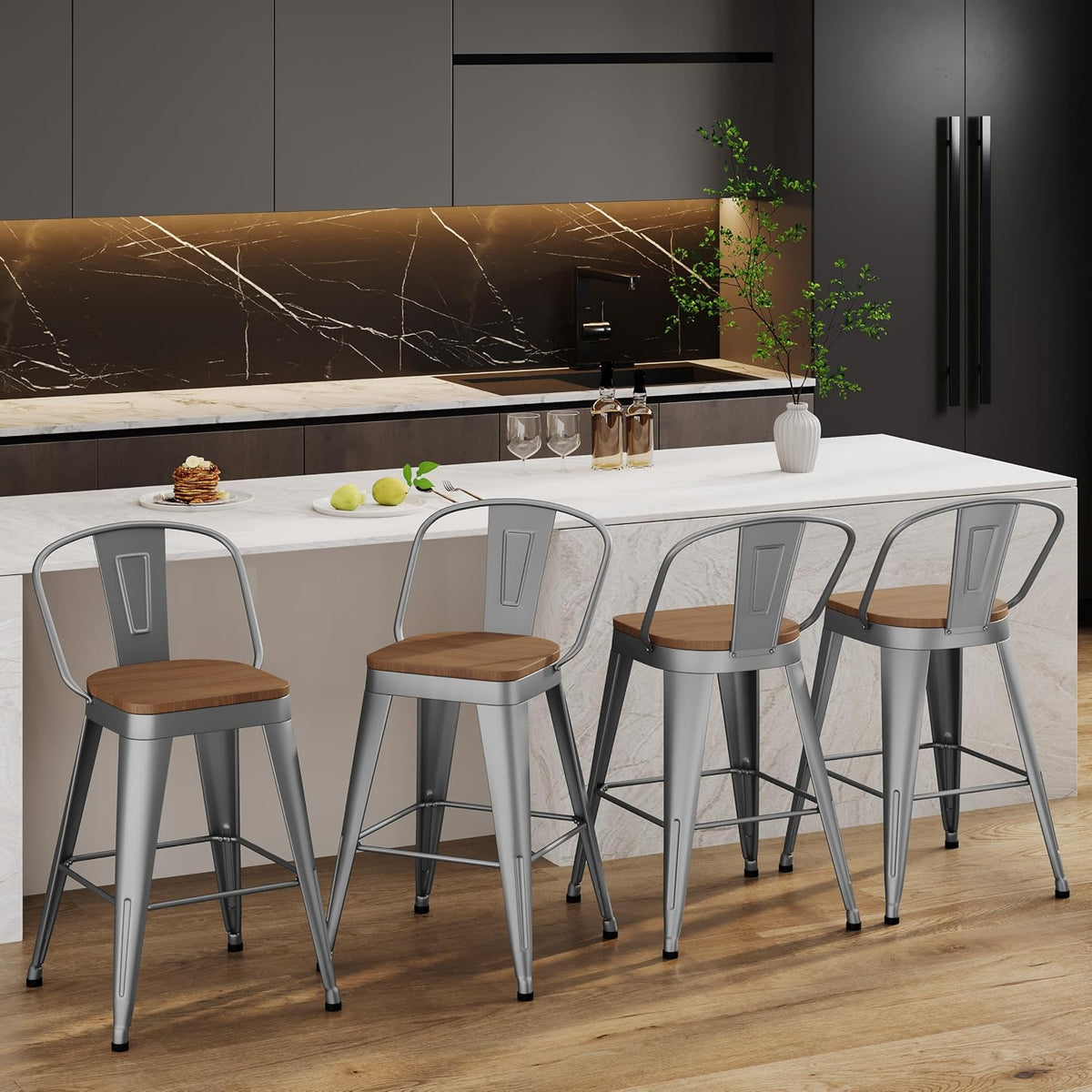 Industrial Metal Bar Stools Set of 4, 26 Inch Counter Height Barstools