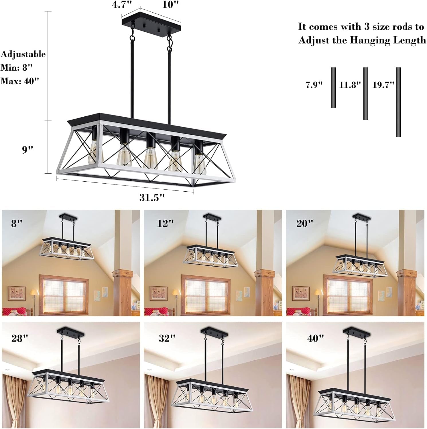 5-Light Pendant Lights Fixture, Farmhouse Chandeliers for Dining Room,