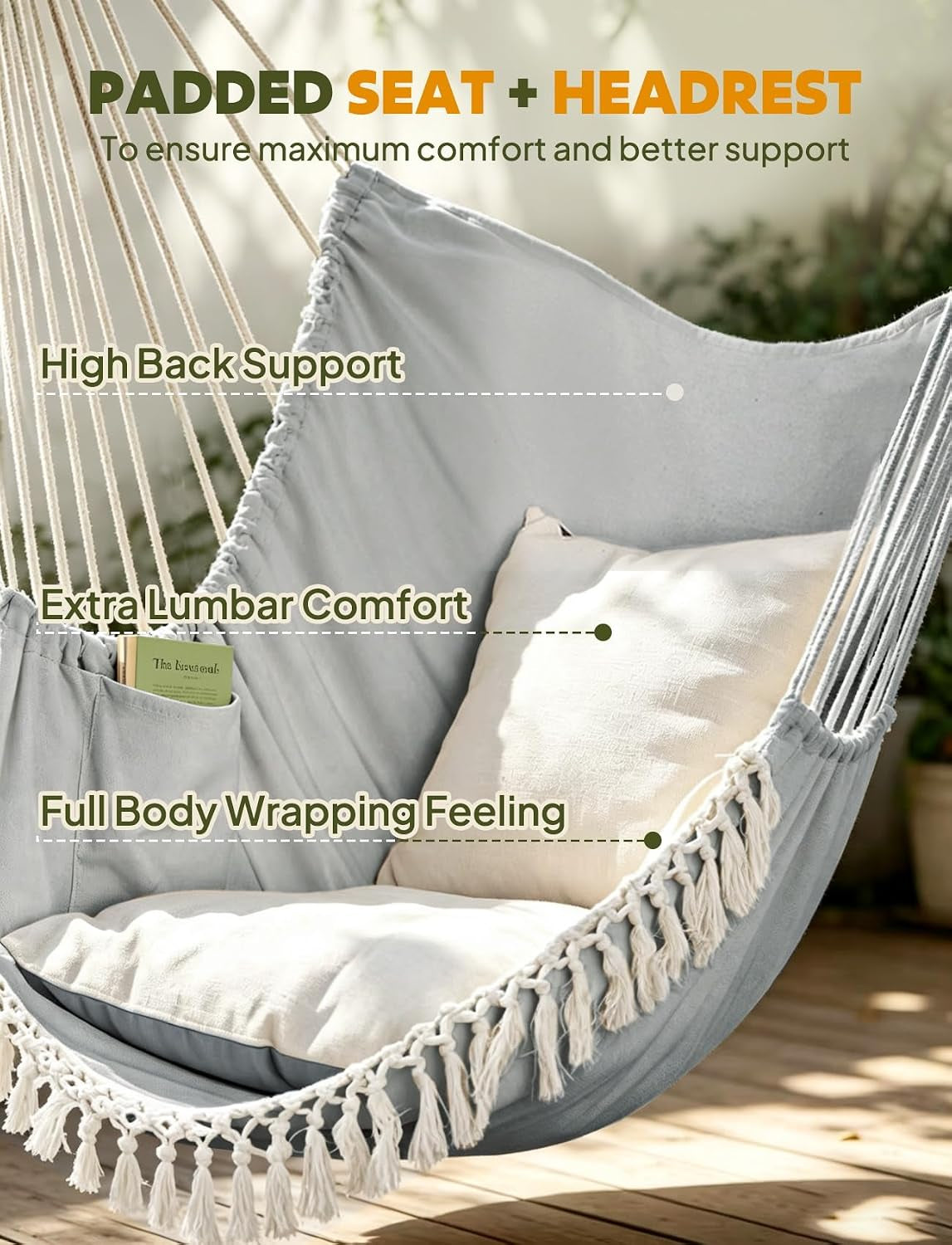 Hammock Chair Max 500 Lbs 2 Cushions Spreader Bar Strap Carabiner