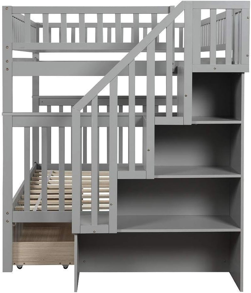 Bunk Beds Full over Full Size, Solid Wood Full Bunk Beds with Drawers
