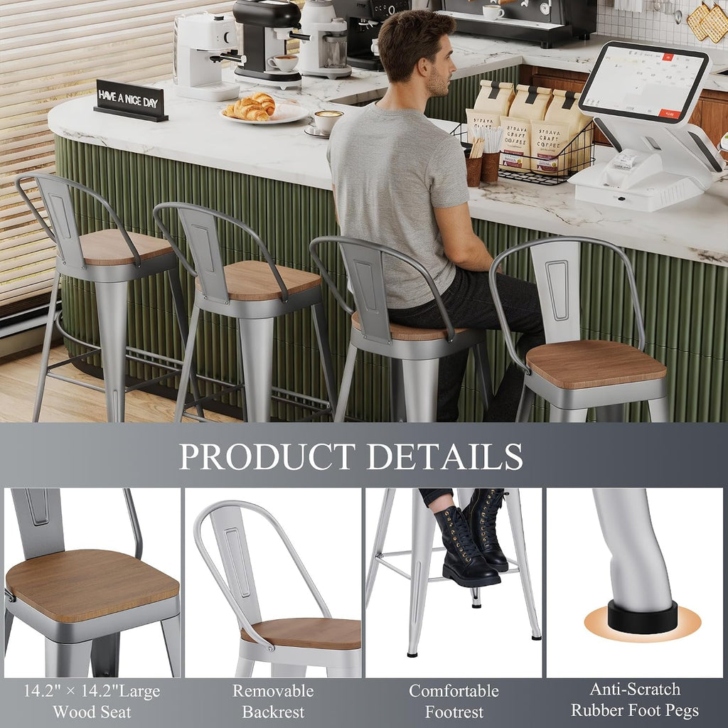 Industrial Metal Bar Stools Set of 4, 26 Inch Counter Height Barstools