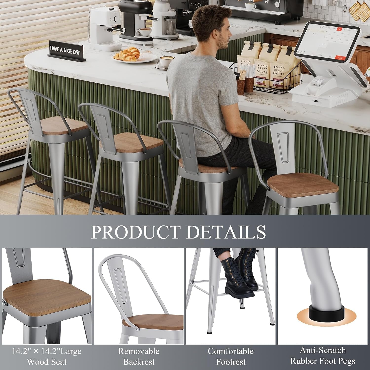 Industrial Metal Bar Stools Set of 4, 26 Inch Counter Height Barstools