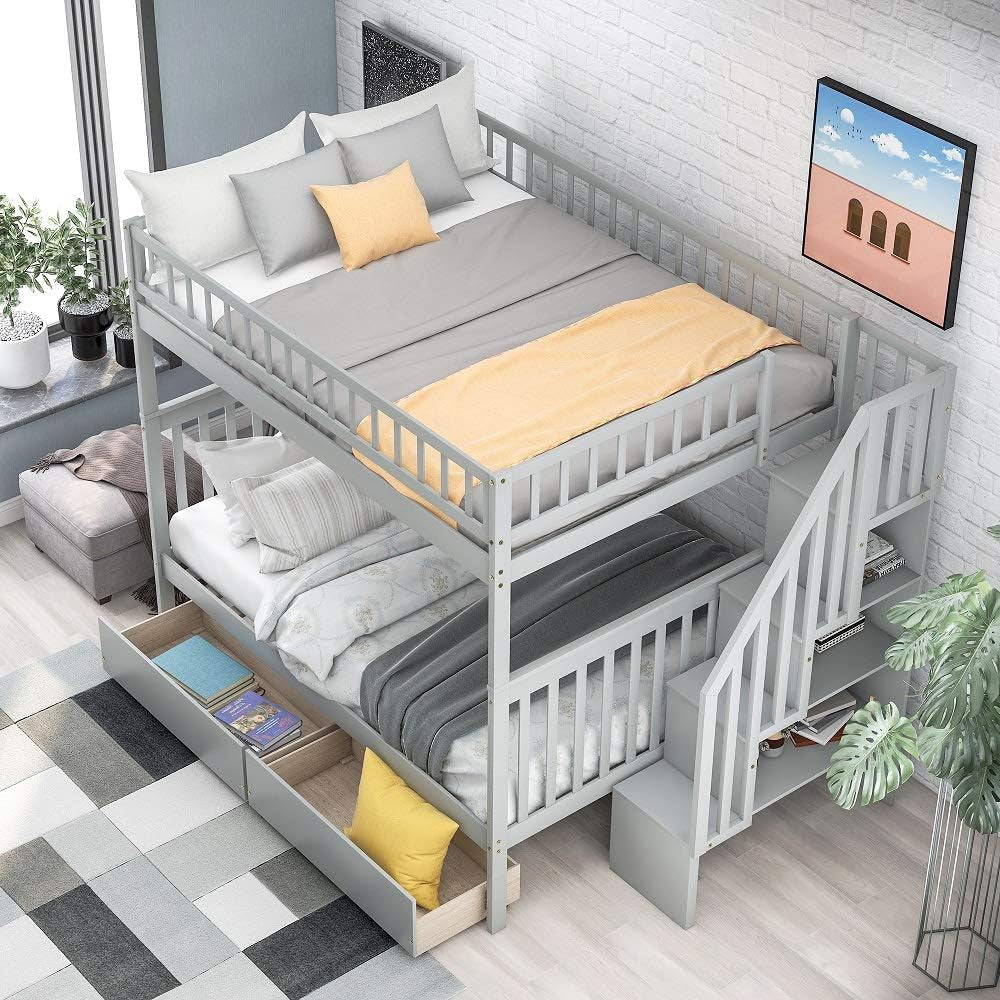 Bunk Beds Full over Full Size, Solid Wood Full Bunk Beds with Drawers
