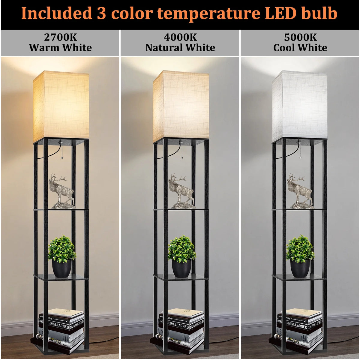 63" Shelf Floor Lamps with Shelves for Living Room Bedroom Office Wood