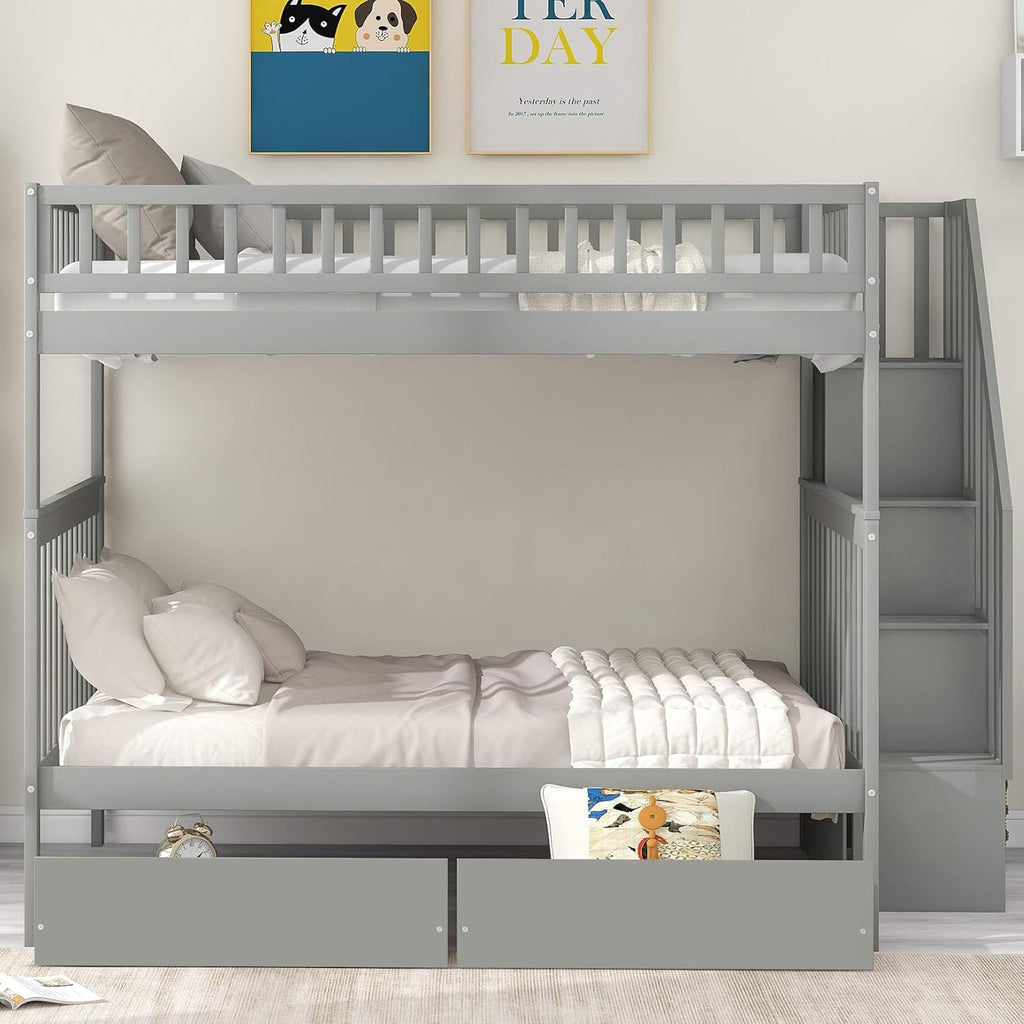 Bunk Beds Full over Full Size, Solid Wood Full Bunk Beds with Drawers