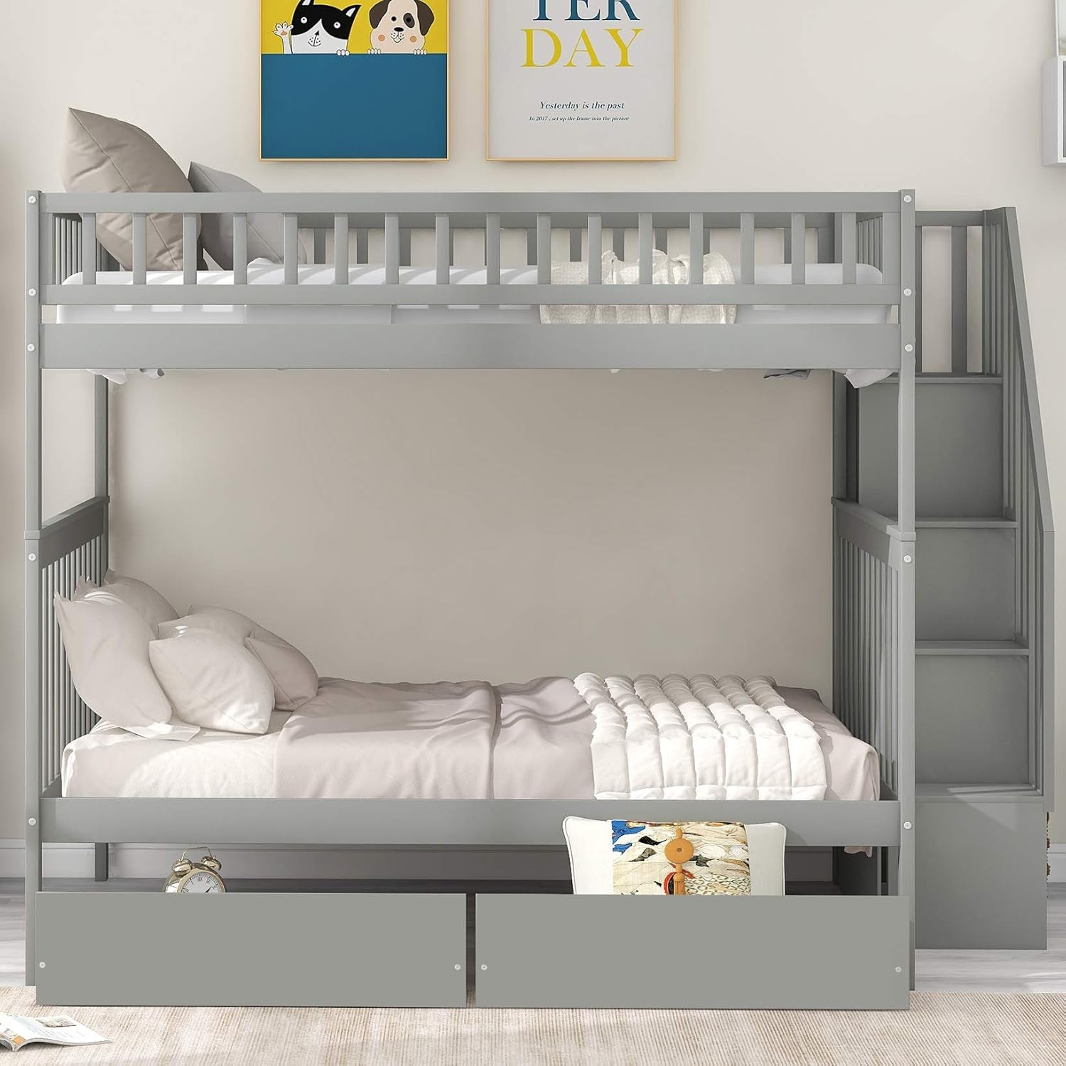 Bunk Beds Full over Full Size, Solid Wood Full Bunk Beds with Drawers