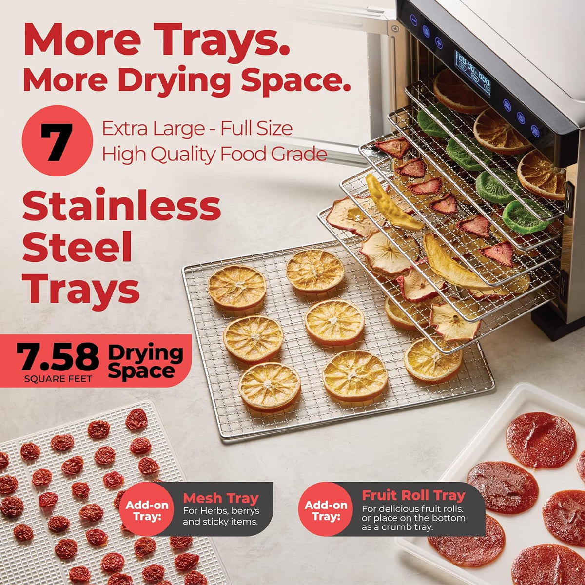 Pro Food Dehydrator Machine 7 XL Stainless Steel Trays Dryer for Jerky,