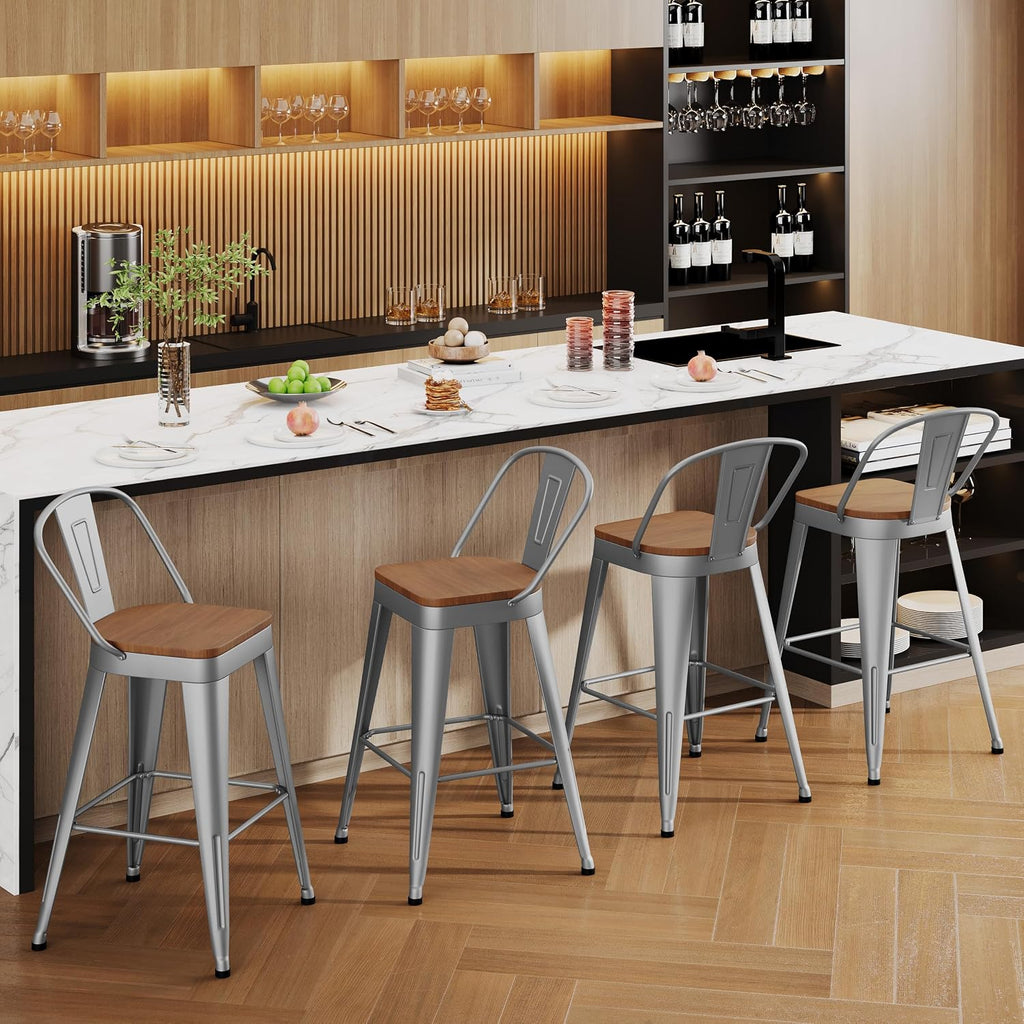 Industrial Metal Bar Stools Set of 4, 26 Inch Counter Height Barstools