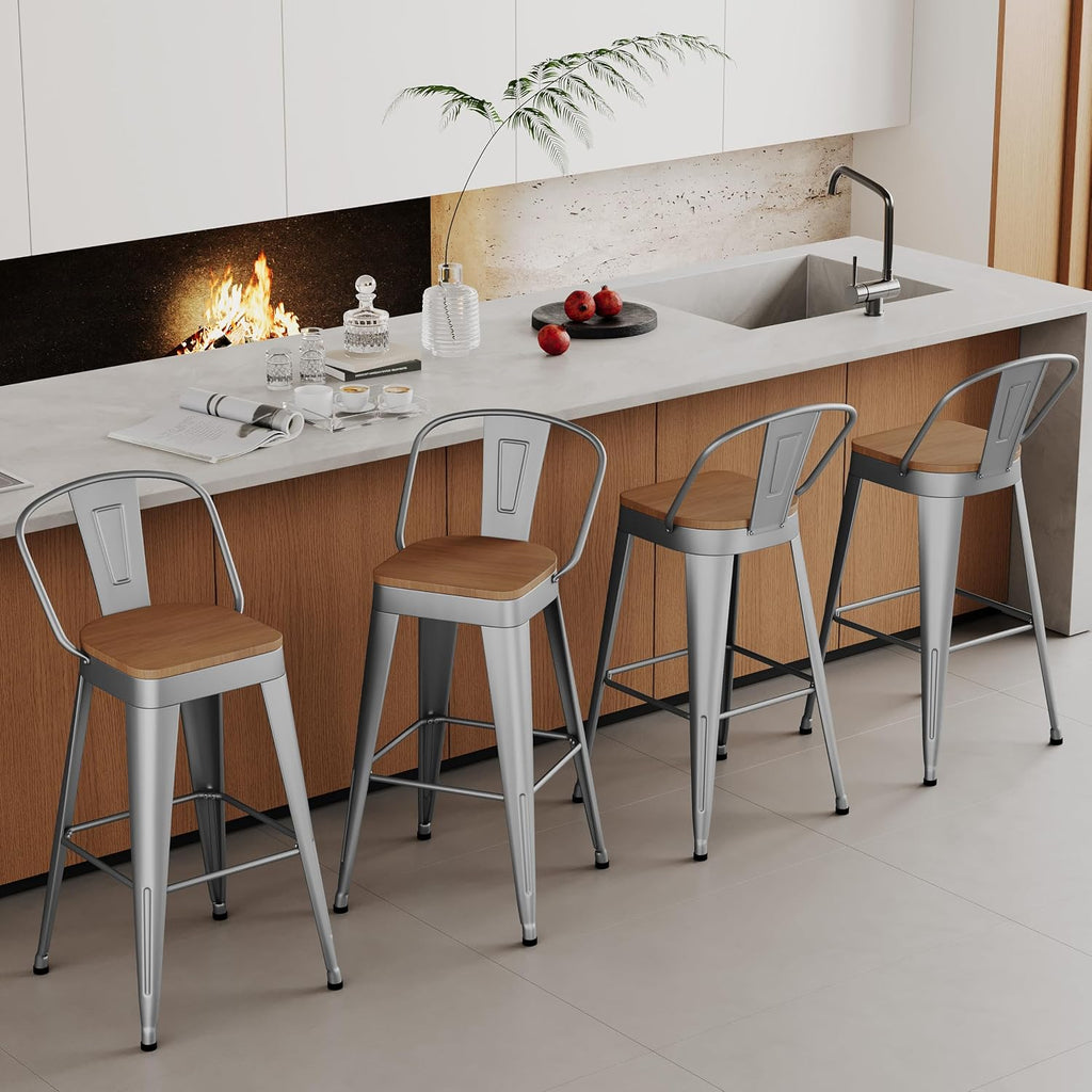 Industrial Metal Bar Stools Set of 4, 26 Inch Counter Height Barstools