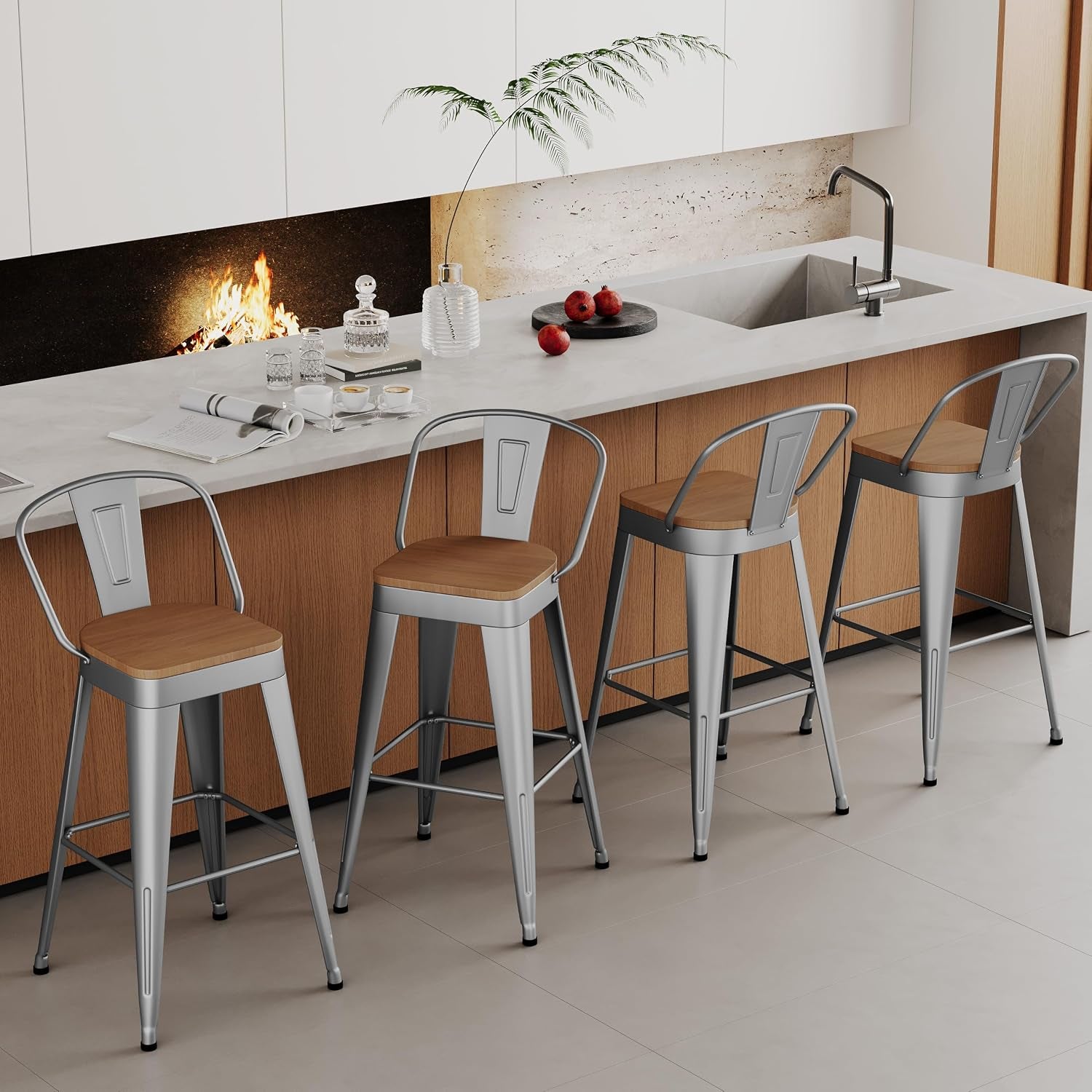 Industrial Metal Bar Stools Set of 4, 26 Inch Counter Height Barstools