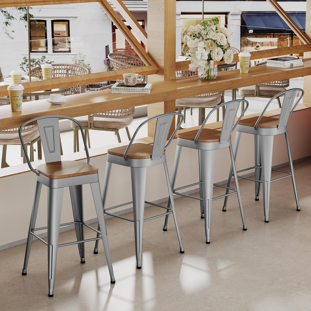 Industrial Metal Bar Stools Set of 4, 26 Inch Counter Height Barstools