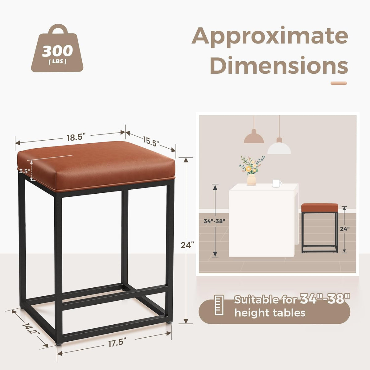 Counter Height Bar Stools Set of 2, Kitchen Backless Barstools 24 Inch