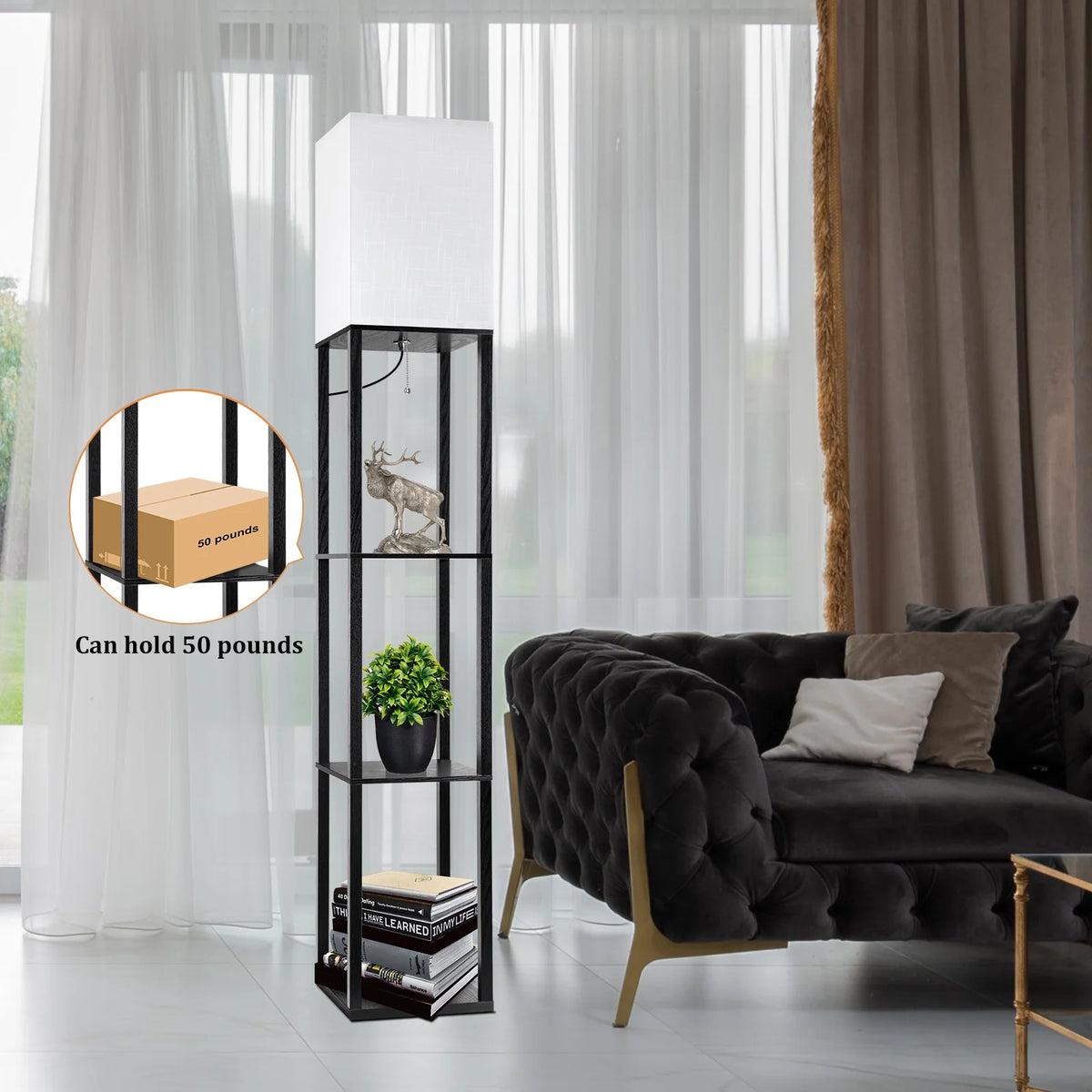 63" Shelf Floor Lamps with Shelves for Living Room Bedroom Office Wood