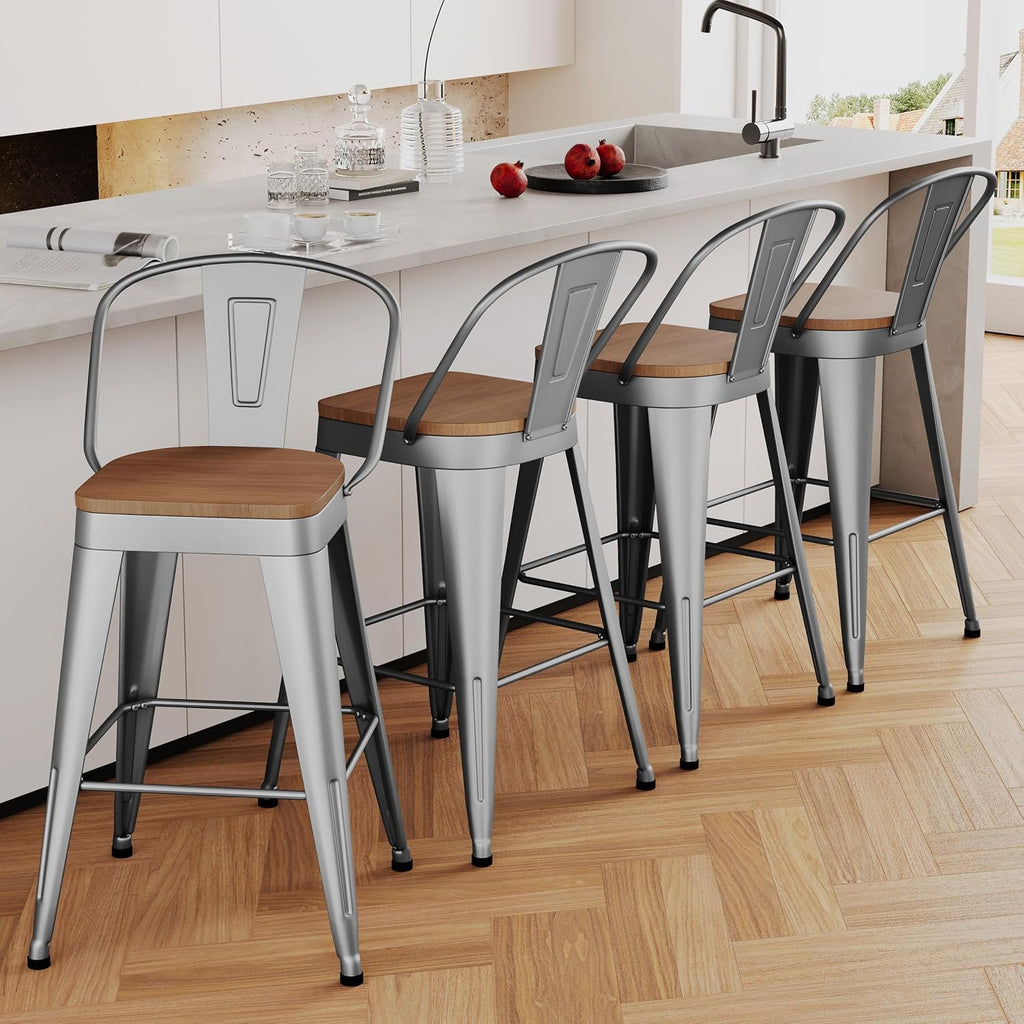 Industrial Metal Bar Stools Set of 4, 26 Inch Counter Height Barstools