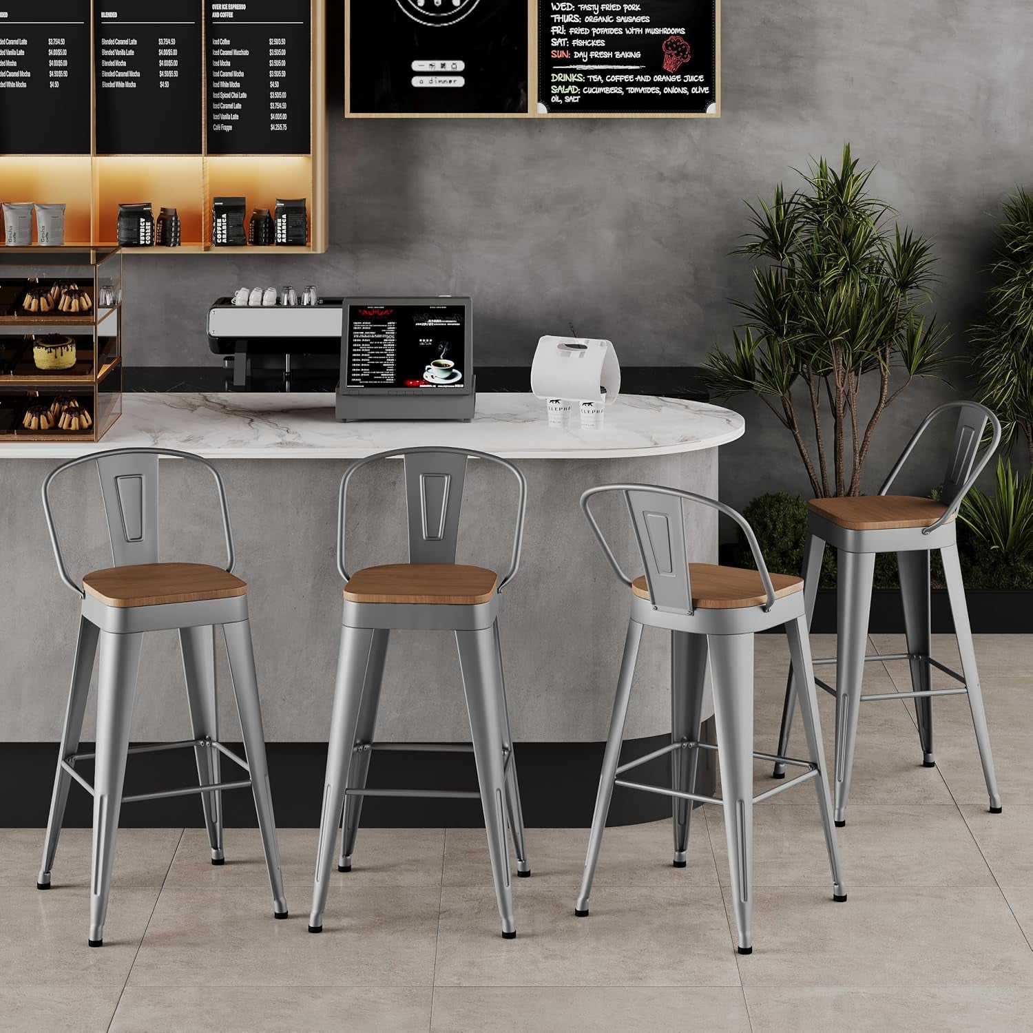 Industrial Metal Bar Stools Set of 4, 26 Inch Counter Height Barstools