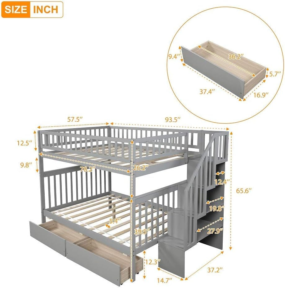 Bunk Beds Full over Full Size, Solid Wood Full Bunk Beds with Drawers