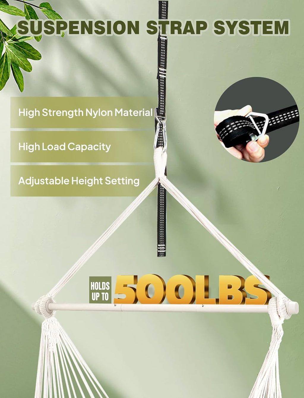 Hammock Chair Max 500 Lbs 2 Cushions Spreader Bar Strap Carabiner