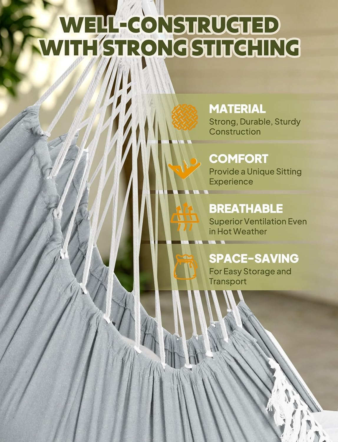 Hammock Chair Max 500 Lbs 2 Cushions Spreader Bar Strap Carabiner